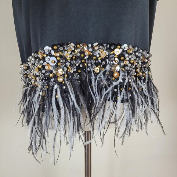 St John Blouse Small Black Beaded Feather Sequins Satin Embellished Party Top - Picture 2 of 8